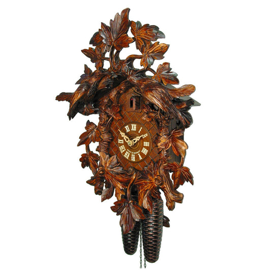 Premium koekoeksklok met luxe snijwerk 8-daags August Schwer 42cm-Koekoeksklokonline.nl